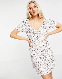 Wednesday's Girl Mini Dress With Ruched Front In Ditsy Floral For Women Cream Pink Floral -Wednesday's Girl Sales 2022 unnamed file 659