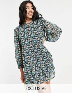 Wednesday's Girl Long Sleeve Mini Smock Dress With Full Skirt In Vintage Floral For Women Multi Floral
