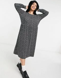 Wednesday's Girl Curve Long Sleeve Midi Smock Dress In Smudge Spot Print For Women Black Smudge Spot -Wednesday's Girl Sales 2022 unnamed file 683