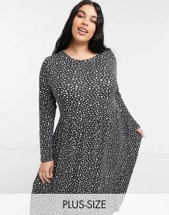 Wednesday's Girl Curve Long Sleeve Midi Smock Dress In Smudge Spot Print For Women Black Smudge Spot -Wednesday's Girl Sales 2022 unnamed file 684