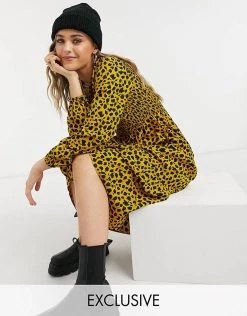 Wednesday's Girl Long Sleeve Midi Dress With Shirred Waist In Sketchy Animal Print For Women Mustard Animal
