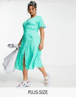 Wednesday's Girl Curve V-neck Midi Tea Dress In Green Floral For Women Green Blue Floral -Wednesday's Girl Sales 2022 unnamed file 69