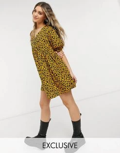 Wednesday's Girl Mini Smock Dress In Sketchy Animal Print For Women Mustard Animal