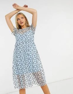 Wednesday's Girl Midi Smock Dress In Spot Print For Women Light Blue -Wednesday's Girl Sales 2022 unnamed file 718