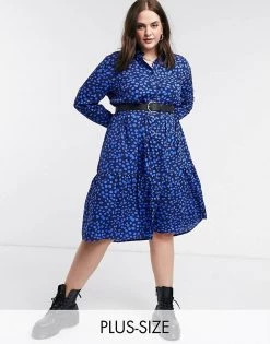 Wednesday's Girl Curve Midi Shirt Dress With Tiered Skirt In Tonal Smudge Spot For Women Navy Smudge Spot