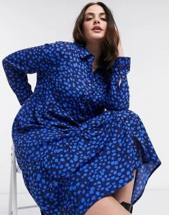 Wednesday's Girl Curve Midi Shirt Dress With Tiered Skirt In Tonal Smudge Spot For Women Navy Smudge Spot -Wednesday's Girl Sales 2022 unnamed file 728