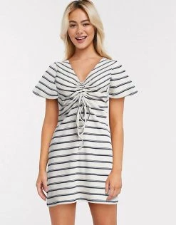 Wednesday's Girl Mini Dress With Ruched Front In Stripe Rib For Women Cream Navy Stripe