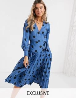 Wednesday's Girl Midi Wrap Dress With Pleated Skirt In Large Scale Spot For Women Blue Black Spot -Wednesday's Girl Sales 2022 unnamed file 759