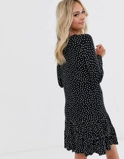 Wednesday's Girl Long Sleeve Dress With Peplum Hem In Spot Print For Women Black White Spot -Wednesday's Girl Sales 2022 unnamed file 766