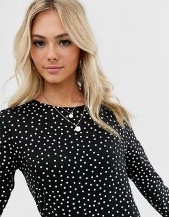 Wednesday's Girl Long Sleeve Dress With Peplum Hem In Spot Print For Women Black White Spot -Wednesday's Girl Sales 2022 unnamed file 767