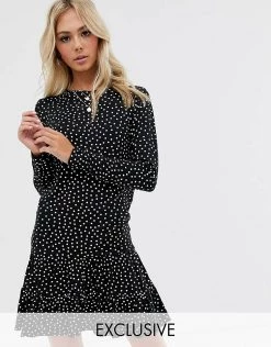 Wednesday's Girl Long Sleeve Dress With Peplum Hem In Spot Print For Women Black White Spot -Wednesday's Girl Sales 2022 unnamed file 769