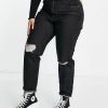 Wednesday's Girl Curve High Waist Mom Jeans With Ripped Knees In Black Wash Denim For Women