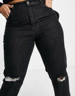 Wednesday's Girl Curve High Waist Mom Jeans With Ripped Knees In Black Wash Denim For Women -Wednesday's Girl Sales 2022 unnamed file 792