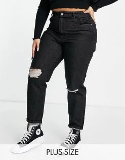 Wednesday's Girl Curve High Waist Mom Jeans With Ripped Knees In Black Wash Denim For Women -Wednesday's Girl Sales 2022 unnamed file 794
