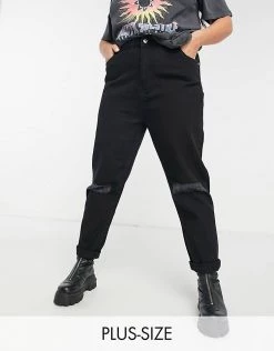 Wednesday's Girl Curve High Waist Mom Jeans With Distressed Knees In Black Wash Denim For Women