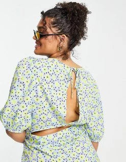 Wednesday's Girl Curve Midi Shift Dress In Blue Yellow Floral For Women -Wednesday's Girl Sales 2022 unnamed file 82