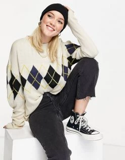 Wednesday's Girl Jumper In Argyle Knit For Women Stone -Wednesday's Girl Sales 2022 unnamed file 839