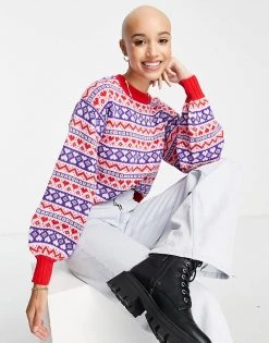 Wednesday's Girl Relaxed Jumper In Heart Stripe Knit For Women Multi Stripe