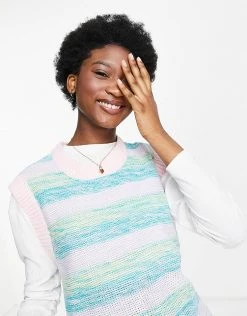 Wednesday's Girl Oversized Sweater Vest In Vintage Stripe Knit For Women Pastel Stripe -Wednesday's Girl Sales 2022 unnamed file 847