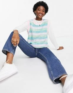 Wednesday's Girl Oversized Sweater Vest In Vintage Stripe Knit For Women Pastel Stripe -Wednesday's Girl Sales 2022 unnamed file 849