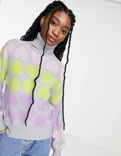 Wednesday's Girl Roll Neck Jumper In Pastel Heart Knit For Women Grey Multi Heart