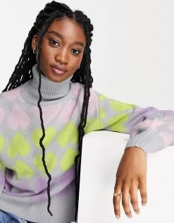 Wednesday's Girl Roll Neck Jumper In Pastel Heart Knit For Women Grey Multi Heart -Wednesday's Girl Sales 2022 unnamed file 863