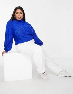 Wednesday's Girl Curve High Neck Jumper With Balloon Sleeves In Chunky Knit For Women Cobalt -Wednesday's Girl Sales 2022 unnamed file 867