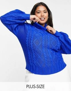 Wednesday's Girl Curve High Neck Jumper With Balloon Sleeves In Chunky Knit For Women Cobalt -Wednesday's Girl Sales 2022 unnamed file 869