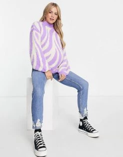Wednesday's Girl Maternity Relaxed Jumper With Balloon Sleeves In Zebra Knit For Women Purple Zebra -Wednesday's Girl Sales 2022 unnamed file 887