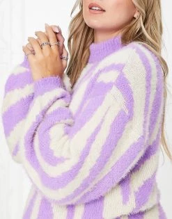 Wednesday's Girl Maternity Relaxed Jumper With Balloon Sleeves In Zebra Knit For Women Purple Zebra -Wednesday's Girl Sales 2022 unnamed file 888