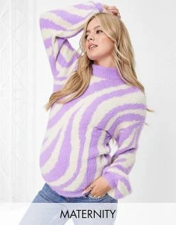 Wednesday's Girl Maternity Relaxed Jumper With Balloon Sleeves In Zebra Knit For Women Purple Zebra -Wednesday's Girl Sales 2022 unnamed file 889
