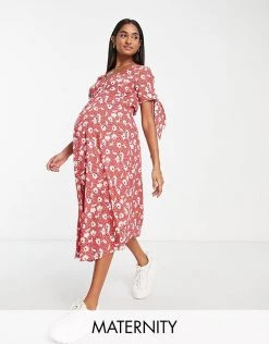 Wednesday's Girl Maternity V-neck Midi Tea Dress In Red Floral For Women