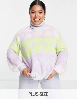 Wednesday's Girl Curve High Neck Jumper In Pastel Heart Knit For Women Grey Multi Heart