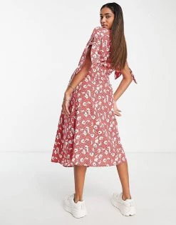 Wednesday's Girl Maternity V-neck Midi Tea Dress In Red Floral For Women -Wednesday's Girl Sales 2022 unnamed file 92