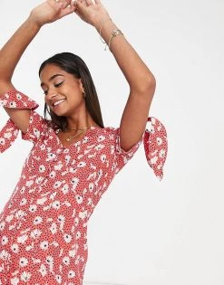 Wednesday's Girl Maternity V-neck Midi Tea Dress In Red Floral For Women -Wednesday's Girl Sales 2022 unnamed file 93