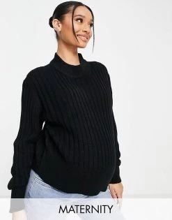 Wednesday's Girl Maternity Ultimate Relaxed Jumper In Rib Knit For Women Black