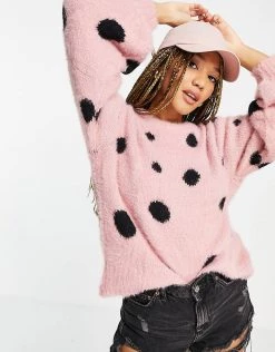 Wednesday's Girl Oversized Jumper In Fluffy Spot For Women Pink Spot