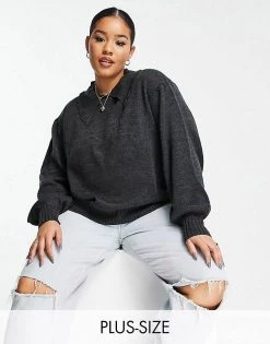 Wednesday's Girl Curve Jumper With Balloon Sleeves And Collar For Women Grey -Wednesday's Girl Sales 2022 unnamed file 954