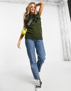 Wednesday's Girl Relaxed Sweater Vest In Argyle Knit For Women Olive -Wednesday's Girl Sales 2022 unnamed file 963