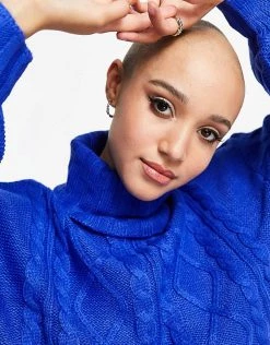 Wednesday's Girl High Neck Jumper With Balloon Sleeves In Chunky Knit For Women Cobalt -Wednesday's Girl Sales 2022 unnamed file 972