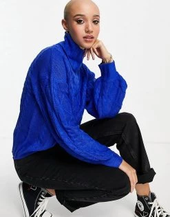 Wednesday's Girl High Neck Jumper With Balloon Sleeves In Chunky Knit For Women Cobalt -Wednesday's Girl Sales 2022 unnamed file 973