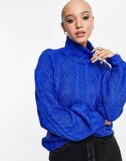 Wednesday's Girl High Neck Jumper With Balloon Sleeves In Chunky Knit For Women Cobalt -Wednesday's Girl Sales 2022 unnamed file 974
