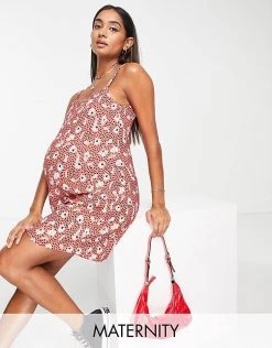Wednesday's Girl Maternity Strappy Cami 90s Mini Dress In Red Floral For Women -Wednesday's Girl Sales 2022 unnamed file 99